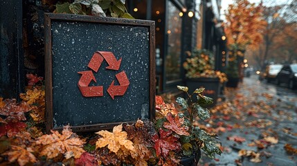 Wet recycle symbol sign on autumn leaves.