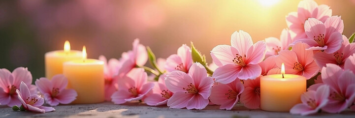 Soft pink spring flowers with candles and blurred background with copy space.