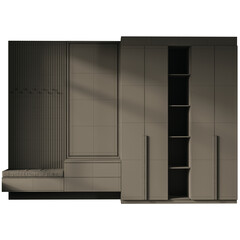 A gray cabinet with a bench and a shelf