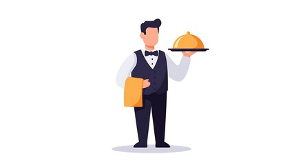 Obraz premium Waiter Holding Covered Platter and Napkin in Flat Vector Style