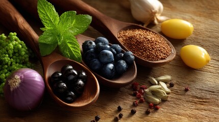 A wooden spoon is filled with blueberries and other ingredients