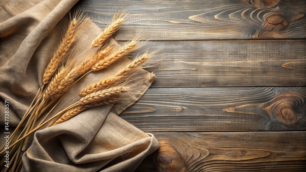 Poster rustic wooden surface adorned with golden wheat stalks resting on a textured burlap cloth
