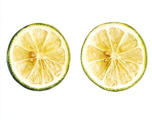 Two lime slices, vibrant yellow centers, green rind