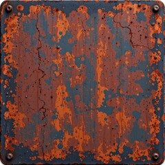 Close-up of old rusty metal plate with peeling paint and corrosion demonstrating weathered textured surface with rust spots and cracks on metal background