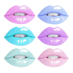 Obraz premium Glossy lips in pastel shades of pink, blue, and purple create vibrant and stylish look. image showcases six sets of lips with shiny finish, highlighting trendy and colorful aesthetic