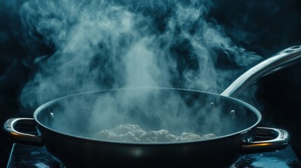 cooked tasty dish on the pan, wiith a fog, black background, top view