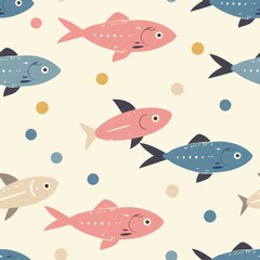 seamless pattern of playful marine animals, bright coral reefs, and bubbles, kawaii pastel style