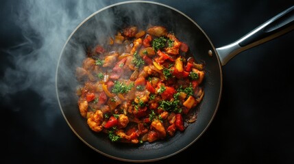 cooked tasty dish on the pan, wiith a fog, black background, top view