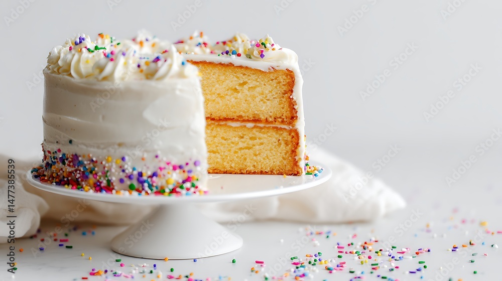 Poster Simple vanilla white cake on a solid white background with empty space and some sprinkles