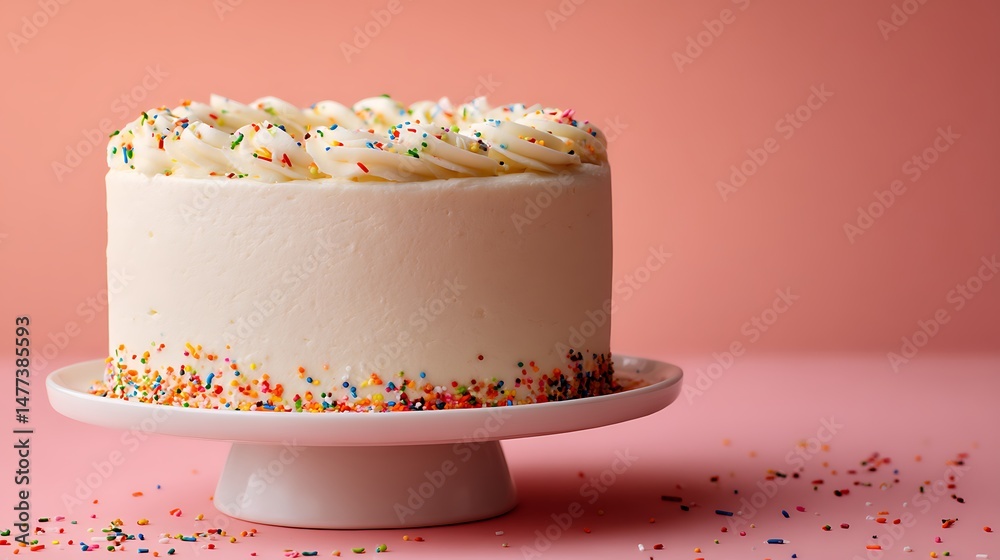 Poster Simple vanilla white cake on a solid white background with empty space and some sprinkles