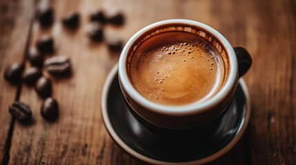 Obraz premium A cup of coffee with latte art on a wooden table.