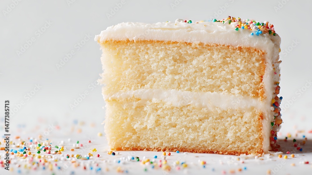 Poster Simple vanilla white cake on a solid white background with empty space and some sprinkles