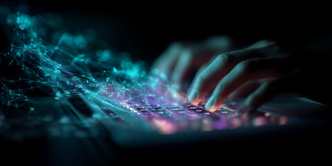Close-up of hands typing on glowing keyboard, teal and purple light, abstract network connections, symbolizes digital technology, innovation, and connectivity
