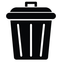 Black Trash Can Icon, Waste Container with Lid and Handle for Disposal