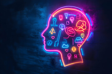 Neon Light Illustration of Human Head with Creative Icons and Symbols