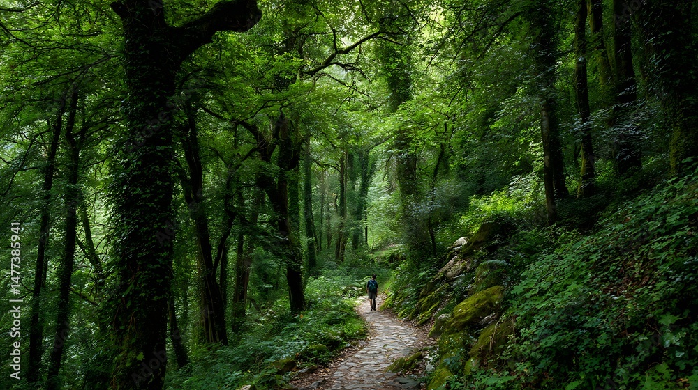 Poster single traveller walking path through a lush and old green forest