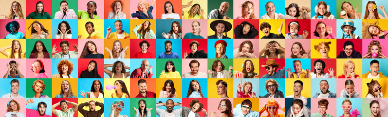 Collage of energetic men and women representing various races and styles, all displaying surprise and fun gestures. Concept of emotion, diversity, youth spirit, openness and inclusivity