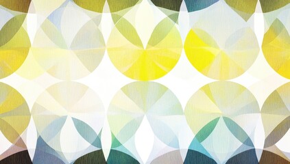 Abstract pattern of overlapping circles in soft, pastel colors.  Layered, radiating shapes create a sense of depth and movement.  Soft yellows, blues, and whites dominate the design