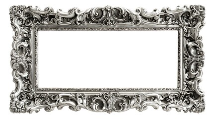 Silver ornate decoration, old ornamented picture, classic silver frame on white background isolated with empty space