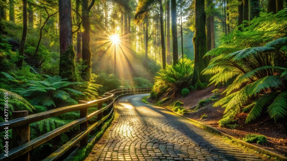 Aufkleber sunlit path winding through a lush forest of verdant greenery and ancient trees