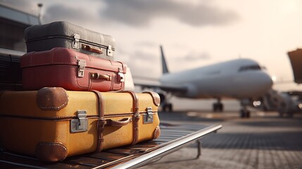 Shot of traveler luggage on terminal, airplane behind