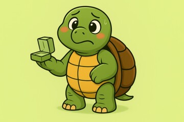 Obraz premium A cartoon turtle with a nervous but hopeful look, holding an invisible ring box with one flipper on a light green background