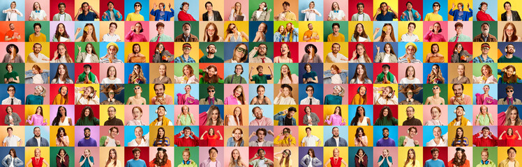 Mosaic of cheerful multicultural people making expressive faces on colored backgrounds. Concept of international diversity, emotions, identity, creativity and collective expression