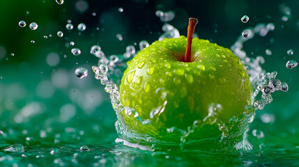 Refreshing green apple splash with water droplets and bokeh effect