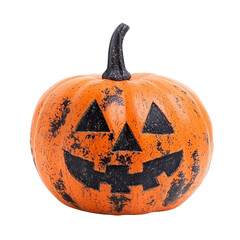 Carved pumpkin with classic jack o lantern face, featuring triangular eyes and wide, toothy grin, evokes festive Halloween spirit. orange surface is speckled with black accents