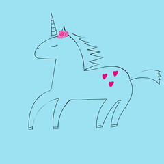 Cute unicorn with pink hearts. Vector illustration in flat style