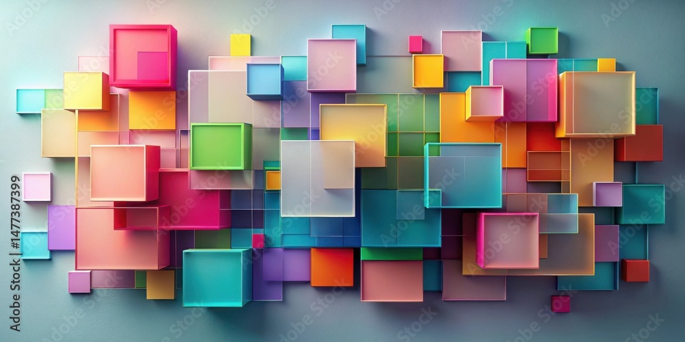 Poster Abstract Colorful Cube Composition A vibrant array of multicolored cubic forms arranged in a dynamic, layered pattern, creating a visually stimulating and modern design element.