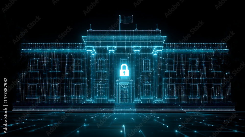 Poster secure government building with digital lock symbol