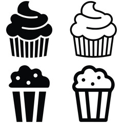 Popcorn And Cupcake Icon Set. Snack Food Sign Illustration.
