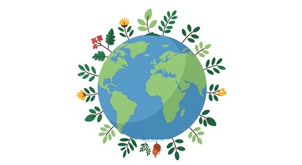 Earth Globe Surrounded by Plants and Flowers Illustration