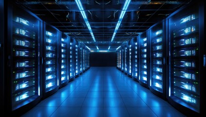 Dark server room lit by blue lights, showcasing rows of computer servers