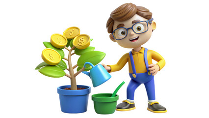 A man waters a money tree with coins, symbolizing investment growth or financial prosperity. 3D rendering, conceptual image. Isolated on white background.