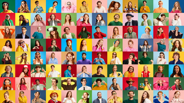 Colorful photo grid of diverse individuals laughing, cheering and showing excitement. Concept of positive emotions, youth celebration, community, global identity and multicultural harmony.