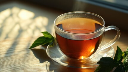 A cup of tea on a wooden table by a window, with steam rising.