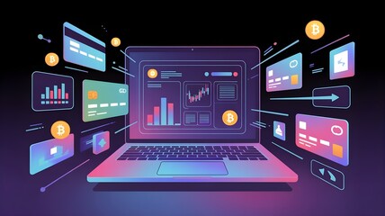 Modern financial dashboard with bitcoin and stock charts displayed on a futuristic digital laptop screen