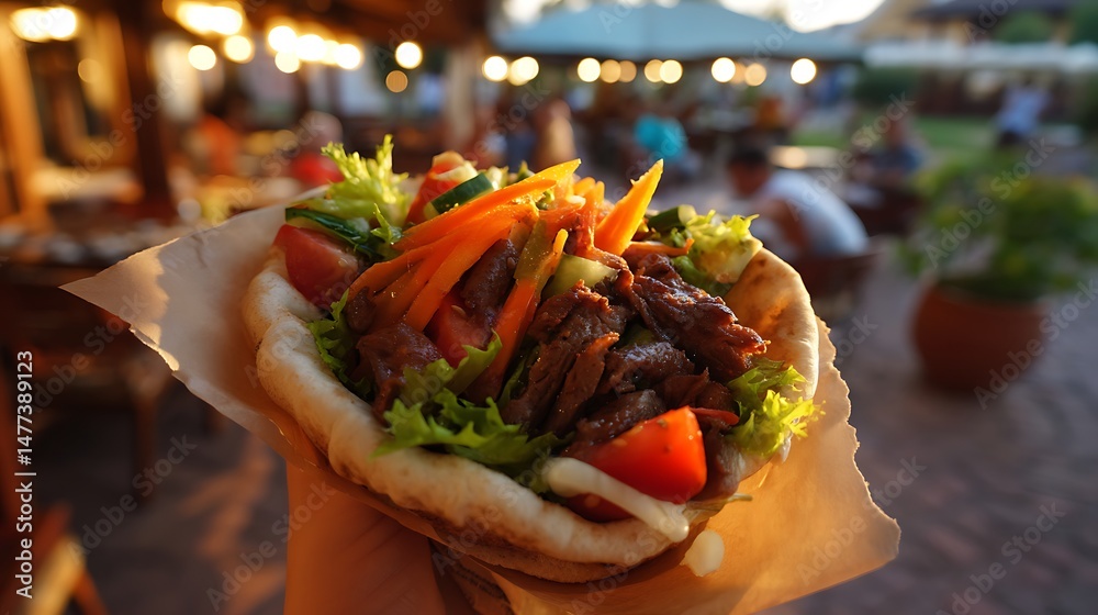 Aufkleber savory doner kebab served in warm pita with fresh vegetables enjoyed at a local eatery in the evenin