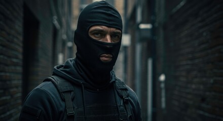 Mysterious man in balaclava dark alley urban thriller intense gaze
