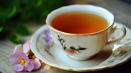 Fototapeta premium A cup of tea on a wooden table by a window, with steam rising.