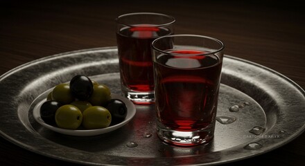Serving Red Drink and Olives on Metal Tray Still Life