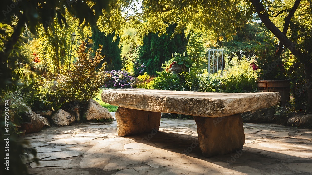 Leinwandbilder Rustic elegance in nature, empty stone table in beautiful garden providing stunning background for design and display perfect for summer relaxation