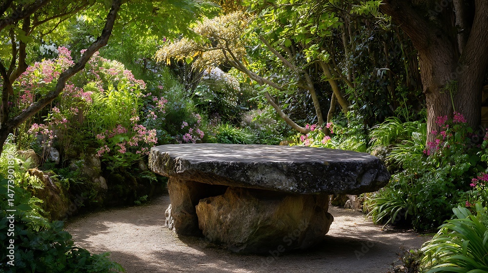 Poster rustic elegance in nature, empty stone table in beautiful garden providing stunning background for d