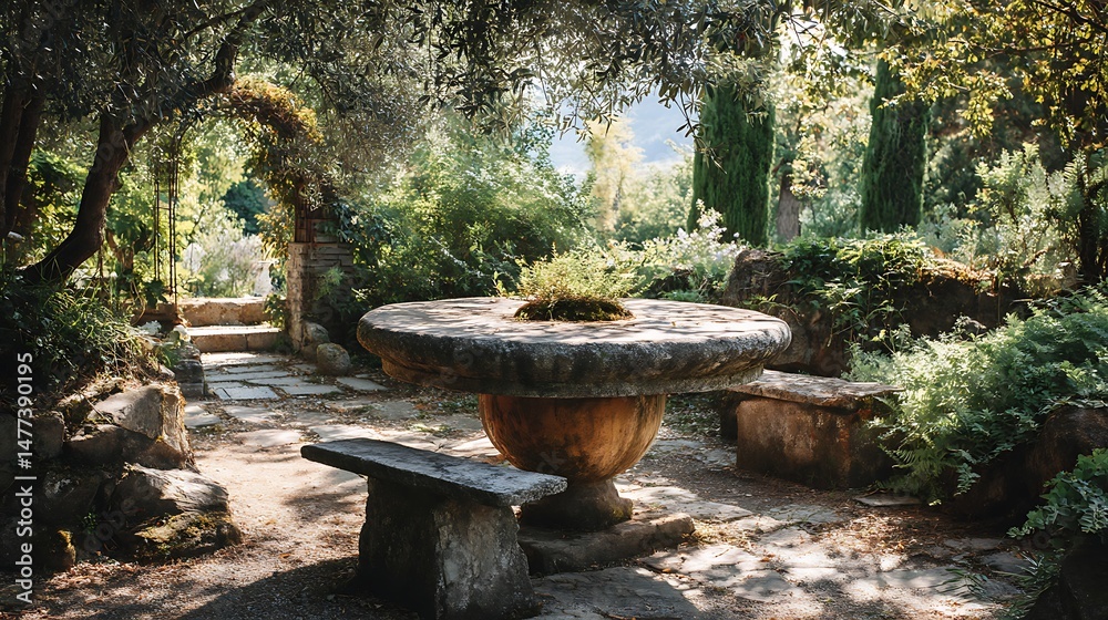 Poster rustic elegance in nature, empty stone table in beautiful garden providing stunning background for d