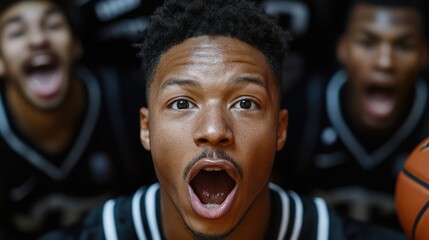 Basketball player with excited facial expression, surrounded by teammates