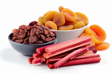 assorted dried fruits arranged by color showing peach, apricot and rhubarb varieties, organic snack