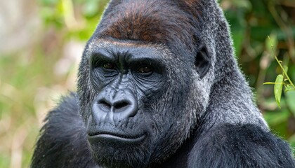 Fototapeta premium Portrait of a dominant silverback gorilla with an alert, confident expression, surrounded by lush green jungle foliage in the wild.