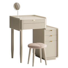 A small white desk with a mirror and a stool